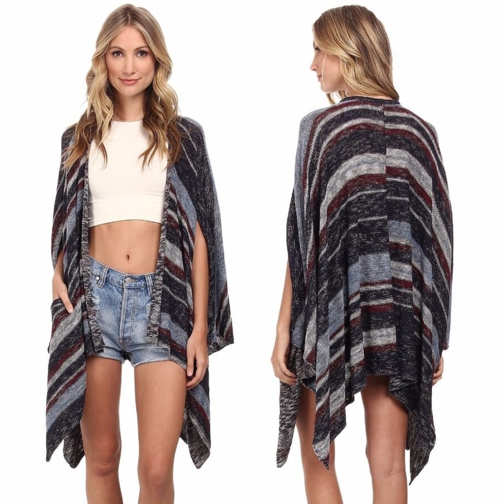 Free People Big‎ Trail Poncho Cardigan Sweater Blue Multi Large Festival Indie